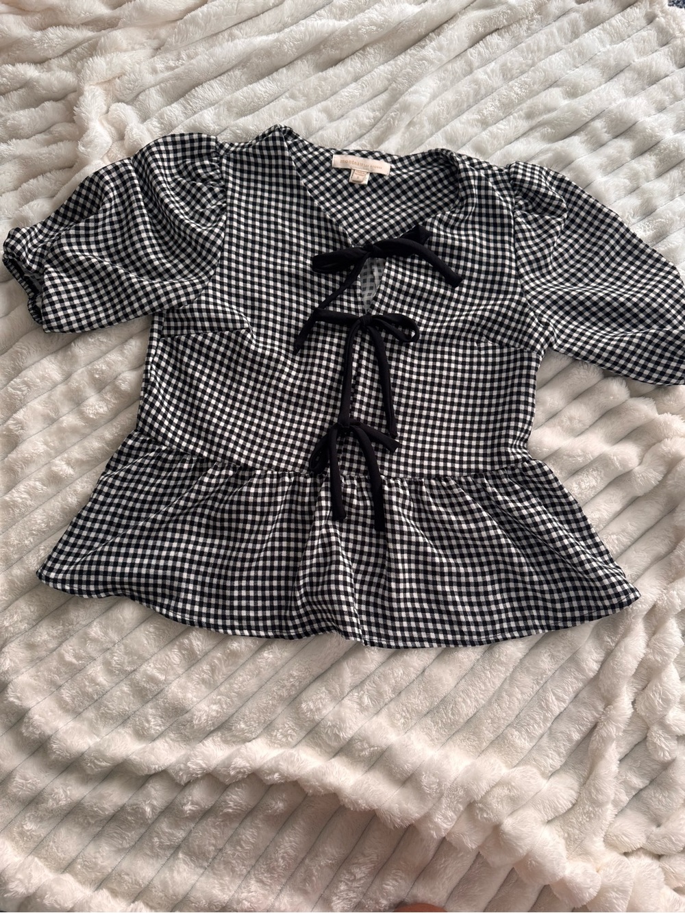 Monteau Black and White Gingham Tie-Front Peplum Blouse